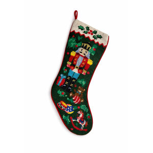 Vintage Needlepoint Christmas Stocking Nutcracker Teddy Bear Rocking Horse 22”